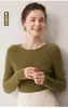 Primera línea prêt-à-porter ajustado casual 100% cachemira suéter Otoño Invierno Nuevo Mujer Corto Rayado Cuello Redondo Capa Base Tejido