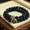 Diseño de Alta Gama, Lujo Ligero, Estilo de Nicho, Pulsera de Estilo Étnico con Doble Círculo Protector de Obsidiana Imitación con Accesorio de Amuleto de Mantra de Seis Palabras