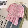 Camiseta Doce de Gola Redonda Estilo Francês Verão Novo Rosa Floral Cereja Redutora de Idade Camiseta Baby Top de Manga Curta para Mulheres