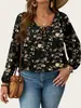Ropa Europea y Americana Transfronteriza para Mujer Tallas Grandes, Nuevos Tops Vintage de Otoño con Estampado Floral, Camisas de Gasa con Cordones y Cuello en V de Manga Larga