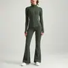 Conjunto de yoga de doble cara cepillado estilo Lulu para mujer, chaqueta con cremallera dorada, conjunto de pantalones de tiro alto que levantan los glúteos y microacampanados
