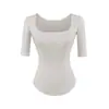 Camiseta Básica Cor Sólida Manga Média Gola Quadrada Estilo Puramente Sexy, Nova Moda Primavera Versátil Slim Fit Barra Curva