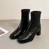 Botines elásticos ajustados de tacón alto y punta cuadrada para mujer petite, estilo retro francés de tacón plano con cremallera trasera, botines tipo Martin de moda con tacón grueso