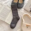 Meias grossas de lã quentes estilo japonês Youjiaxiu para mulheres no outono e inverno, até o meio da panturrilha, com padrão de losangos, emagrecedoras, de tricô grosso e com babados.