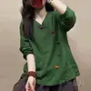Nueva Camiseta de Algodón y Lino de Manga Larga Retro China con Botón de Rana para Mujer, Versátil, Artística, Colorida, Otoño 2026, Casual, Adelgazante