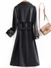 Gabardina de cuero negro transfronteriza para mujer, estilo largo 26, abrigo de moda, chaqueta de cuero estilo británico, chaqueta de motociclista, abrigo con ceñidor en la cintura, talla grande