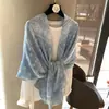 Suave Shawl de Algodón y Lino Flor de Anacardo Azul Nebuloso Bufanda de Gasa Francesa Retro Protección Solar Mejorador de Atmósfera para Atuendo de Primavera Verano