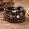 Amazon venta caliente transfronteriza pulsera de cuentas hecha a mano estilo retro para hombre pulsera de línea elástica multicapa con cuentas de madera árbol de la vida