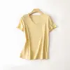 Camiseta de Seda de Manga Corta para Mujer, Camiseta Versátil de Color Sólido Blanco de Algodón Mercerizado, Camiseta de Manga Corta con Cuello Redondo y Cuello en V, Camiseta Básica para Mujer