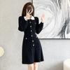 Vestido Estilo Tweed para Mujer 2024 Principios de Otoño Estilo Coreano Corte en la Cintura Manga de Linterna Prenda Básica Vestido Suéter de Punto Línea A