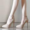 Zapatos de Tacón Super Alto Sexy de Celebridad de Charol Negro con Hebilla de una Línea, Plataforma Impermeable, Boca Escotada, Estilete Elegante para Trabajo