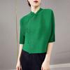 Camiseta Plisada Estilo Chino para Mujer Primavera y Verano Nuevo Diseño Nicho Retro Hebilla Manga de Cinco Puntos Cárdigan