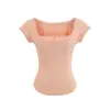 Top Sexy de Chica Caliente con Cuello Cuadrado, Mangas Cortas Ajustadas, Hilo de Encaje Empalmado, Cintura Delgada Ajustada, Camiseta
