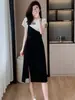 Vestido falso de dos piezas estilo francés para mujer, verano, elegante y a la moda, disimula el abdomen, adelgazante, casual, vestido largo con abertura
