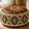Puf Otomano Redondo Decorativo Estilo Wabi-Sabi con Parches Retro de Cuero Marrón con Patrón de Diamantes Étnicos Florales Reposapiés de Sofá para Casa de Huéspedes