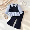 26 Camisa de estilo preppy para niña con detalle de lazo + Pantalones de color liso ligeramente acampanados, nueva colección primavera/otoño, venta al por mayor desde el fabricante