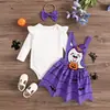 Fantasia de Halloween para Bebê e Criança Pequena Macacão Saia com Mangas Bufantes Brancas e Apliques de Fantasma e Abóbora Conjunto de Três Peças com Faixa de Cabeça