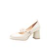 Outono de 2026 Novo Estilo Elegante Madrinha Bico Quadrado Salto Bloco Salto Alto Pérola Francesa Cetim Sapatos de Casamento Sapatos de Noiva