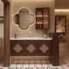 Espejo de Trébol de Cuatro Hojas Estilo Medieval Gabinete de Baño Gabinete de Baño Roble Madera Mimbre Lavabo Cerámico Lavabo