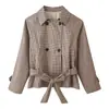 Chaqueta Corta Impermeable a Cuadros Retro Europea y Americana para Mujer, Doble Botonadura, Cinturón Ceñido a la Cintura, Adelgazante, Chaqueta con Temperamento, Top
