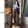 Calça Jeans Marrom de Perna Larga Estreita Feminina Nova Primavera e Outono 2024 Marrom Retrô Americano Cintura Alta Solta Reta