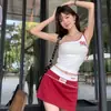 Camisola Estampada Retro Americana para Garotas Quentes Verão Novo Design de Ombro Inclinado em Cores Contrastantes Conjunto de Top Elástico Feminino