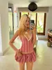 Camisola de Encaje a Cuadros Rojos con Cuello Halter y Escote en V para Mujer, Verano, Diseño Coreano, Traje de Baño con Lazo