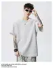 Camiseta Masculina Manga Curta Algodão Espacial Pesado Ombro Raglã Estilo Americano 2026 Nova Patchwork Quadrada Cropped Solta Meia Manga
