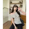 Top corto de manga corta con hombros descubiertos para mujer, de verano, ajustado, top de algodón a rayas fresco con hombros descubiertos, estilo coreano de manga corta