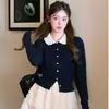 Cardigan de Punto Coreano Dulce Estilo Preppy Reductor de Edad con Cuello de Muñeca, Suéter Corto Chaqueta para Mujer Otoño e Invierno