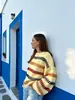 Deseo Suéter de Punto Trenzado Versátil Holgado con Bloques de Color y Cuello Redondo Rayado para Mujer de Primavera y Otoño de AliExpress en Stock