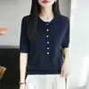 Nuevo Top Camiseta de Punto Manga Corta con Cuello Polo, Botones de Colores, Huecos, Color Sólido, Tencel Lyocell, Primavera/Verano 2026