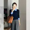 Suéter de tricô preto falso OEM de duas peças para mulheres, novo estilo curto slim-fit outono e inverno 2026 com gola polo e mangas compridas