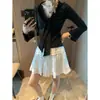 Mochie Outono Novo Estilo Estilo Coreano Renda Patchwork Gravata Borboleta Amarração Decote V Manga Longa Camiseta Top MQ1615