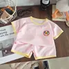 Novos Conjuntos Casuais de Manga Curta de Verão para Crianças, Soltos e Respiráveis, Roupas Infantis Estilo Waffle para Meninos e Meninas, Shorts de Bebê para Atacado