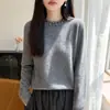 Suéter de tricô redondo 100% lã pura com contas de luxo leve para mulheres, outono e inverno, cor sólida elegante, caimento solto, top quente