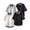 Camiseta de Manga Corta con Parches de Cuadros Falso Dos Piezas 2026 para Hombres y Mujeres, Estilo Retro Americano de Verano, Top de Manga Tres Cuartos Juvenil