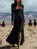 Amazon transfronterizo europeo y americano nuevo vintage estilo western abotonado fruncido manga larga sexy vestido largo