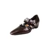 Zapatos de Cadena Gruesa con Correa Única y Punta Cuadrada Baja, Tacón Oculto de 5 cm, Zapatos Mary Jane, Piel Genuina, Zapatos Vintage de Alta Gama para Mujer