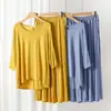 Conjunto de pijama modal feminino de verão fino solto com manga 3/4 casual plus size roupa externa conjunto de duas peças