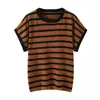 Camiseta de manga corta con cuello redondo, color café, transfronteriza, nuevo top de verano con mangas acampanadas a rayas, corte holgado, bloques de color, versátil y juvenil