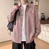 Camisa a cuadros rosa para hombre, de manga larga, estilo otoño, elegante y genial, atuendo de pareja, talla grande, moderna, holgada, camisa casual