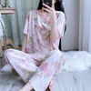 Conjunto de Pijama Feminino de Verão com Manga Curta, Algodão e Seda, Novo Estilo Chinês, Conjunto Feminino Fino de Casa com Caimento Solto, Viscose