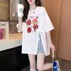 Camiseta de Algodón Puro Estilo Coreano con Graffiti de Longitud Media y Abertura para Mujer con Tirantes de Lazo Personalizados para Barriga Grande mm Tops que Cubren la Barriga Sueltos