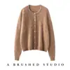 Cardigan elegante, resistente, escovado, bordado à mão, de cor sólida, com mangas compridas, novo estilo outono/inverno, suéter de malha 100% caxemira, blusa feminina de gola redonda