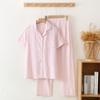 Seersucker Verão Fino Pijama Feminino Nova Primavera e Outono Manga Curta Fresco Xadrez Calças Casa Roupas Conjunto