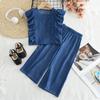Ropa de Verano para Niñas Traje de Imitación Denim 2025 Delgado Top de Manga Volante para Niñas Pantalones Conjunto de Dos Piezas Estilo Coreano Transfronterizo