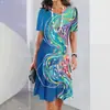 Vestido Feminino Elegante Gola Redonda Saia Evasê Cor Tie-dye Roupa Vestido Feminino de Manga Curta para o Verão Estilo Transfronteiriço