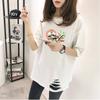 Camiseta de verano D140 de manga corta para mujer, nueva camiseta blanca holgada de manga corta con rotos de estilo coreano, camiseta de mujer de largo medio