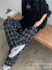 Calças Xadrez Versátil da Moda Estilo Europeu e Americano Drapeado Solto Comprimento Total Casual Reto Perna Larga Roupas Femininas